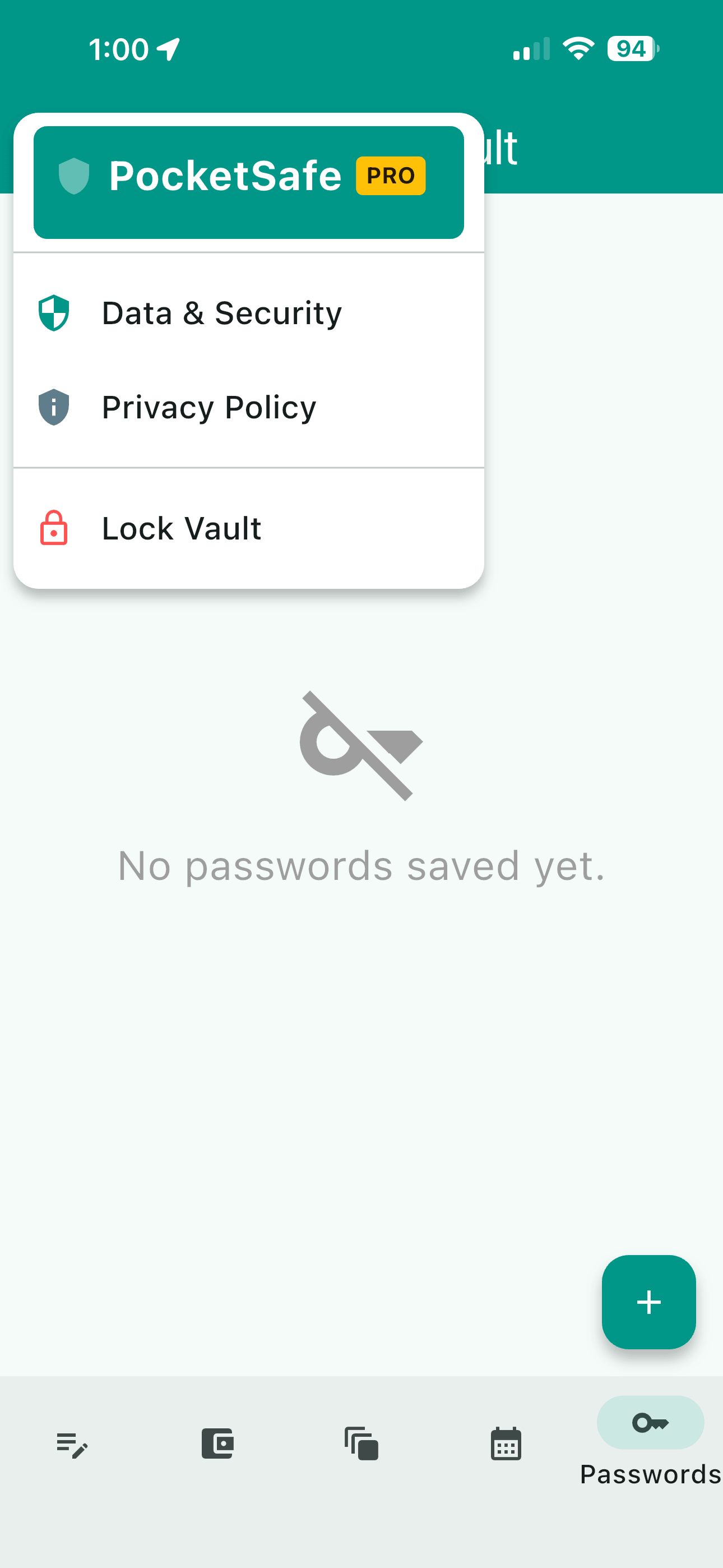 PocketSafe Navigation Menu